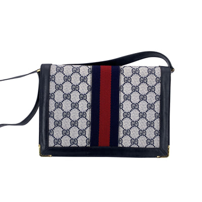 Gucci Vintage Blue Monogram Gussetted Flap Shoulder Bag with Stripes