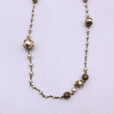 Chanel 06 Faux Pearls Gold Metal CC Logo Long Necklace