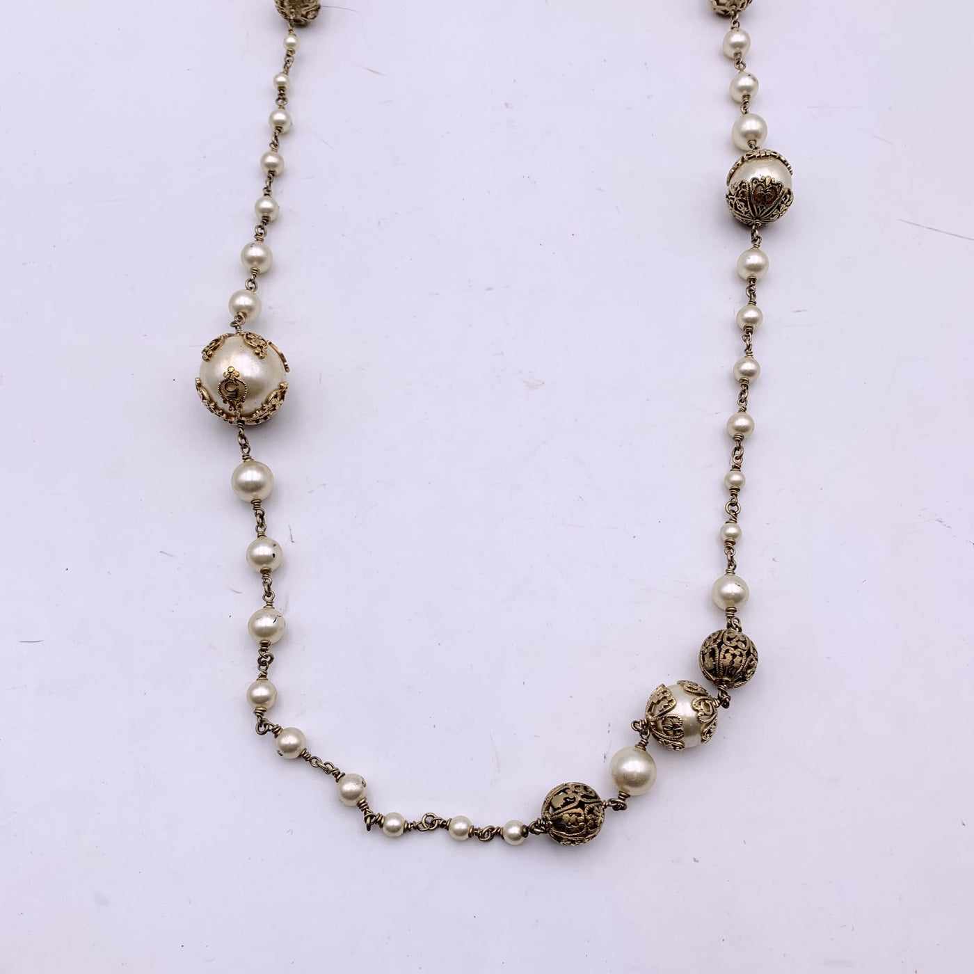 Chanel 06 Gold Metal Faux Pearls CC Logo Long Necklace