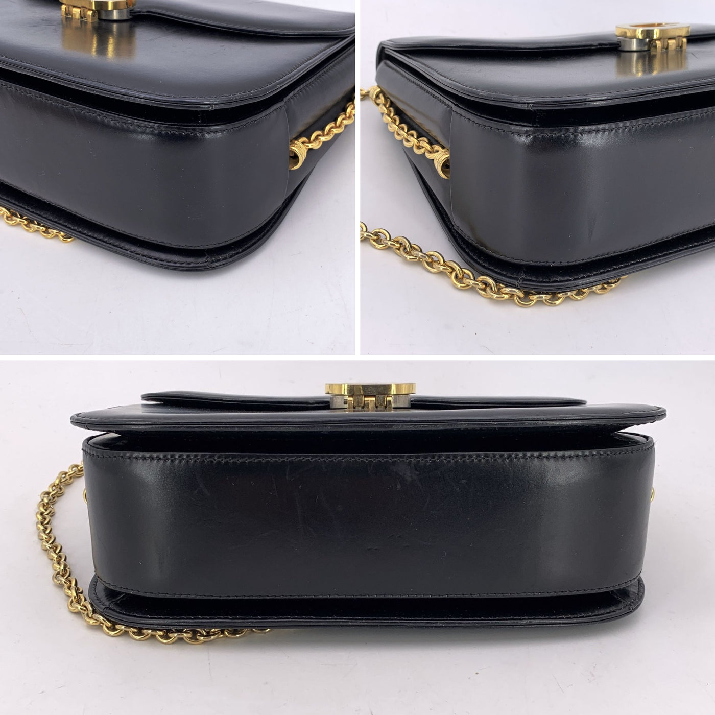 Gucci Vintage Black Leather Box Flap Shoulder Bag with Chain Strap