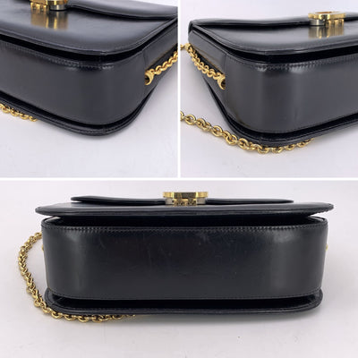 Gucci Vintage Black Leather Box Flap Shoulder Bag with Chain Strap