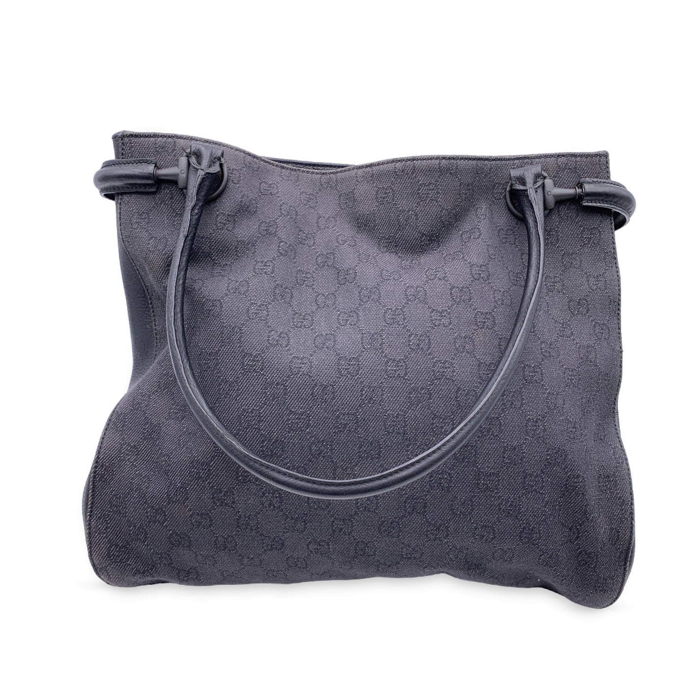 Gucci Black Denim Monogram Canvas Shoulder Bag Shopping Tote