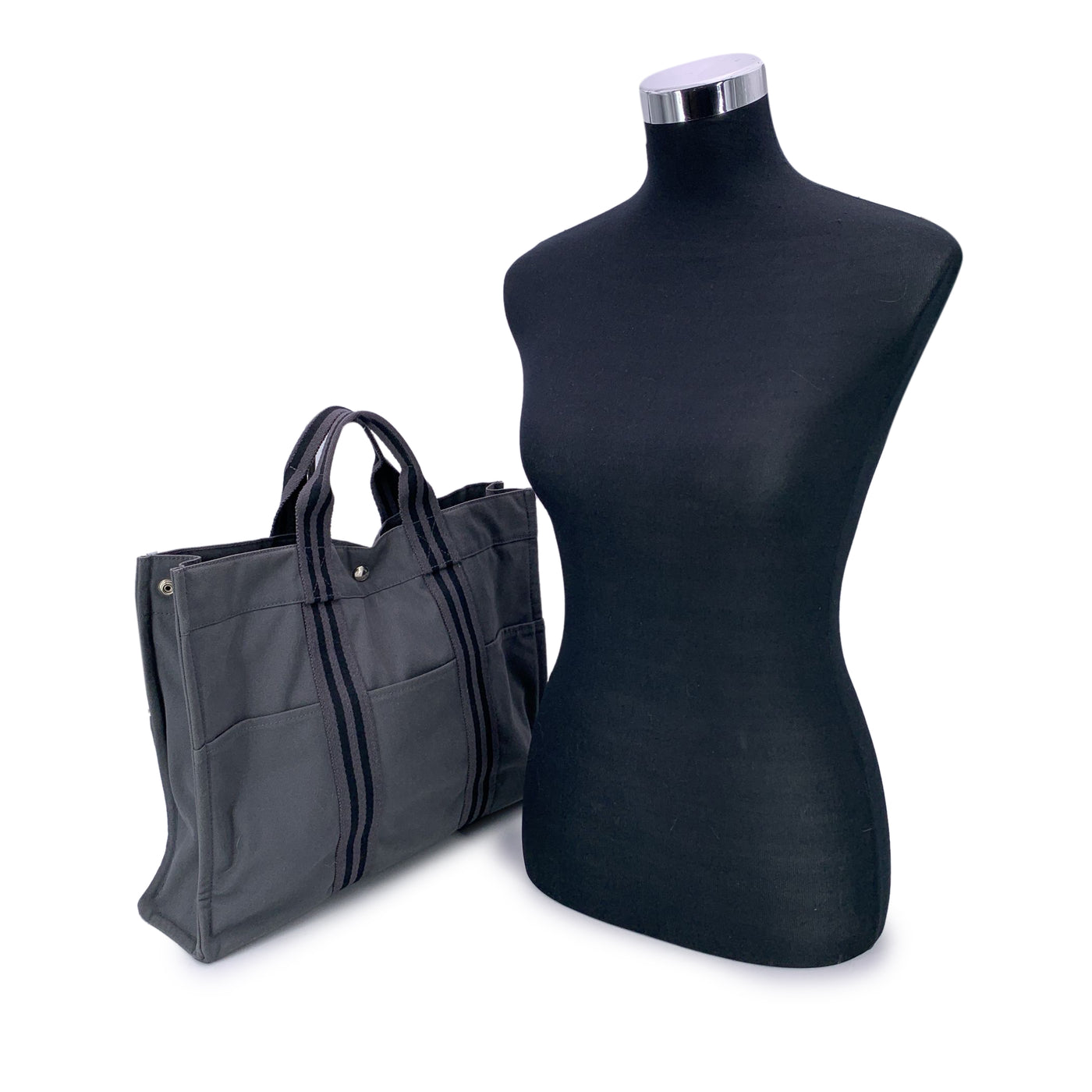 Hermes Paris Grey and Black Stripes Cotton Fourre Tout MM Tote Bag