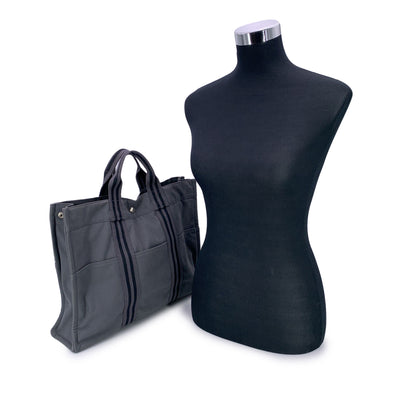 Hermes Paris Grey and Black Stripes Cotton Fourre Tout MM Tote Bag