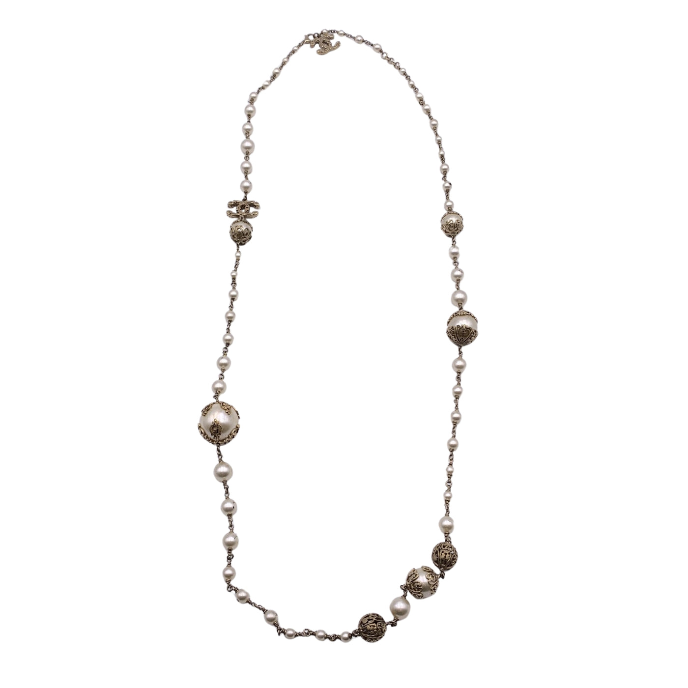 Chanel 06 Gold Metal Faux Pearls CC Logo Long Necklace