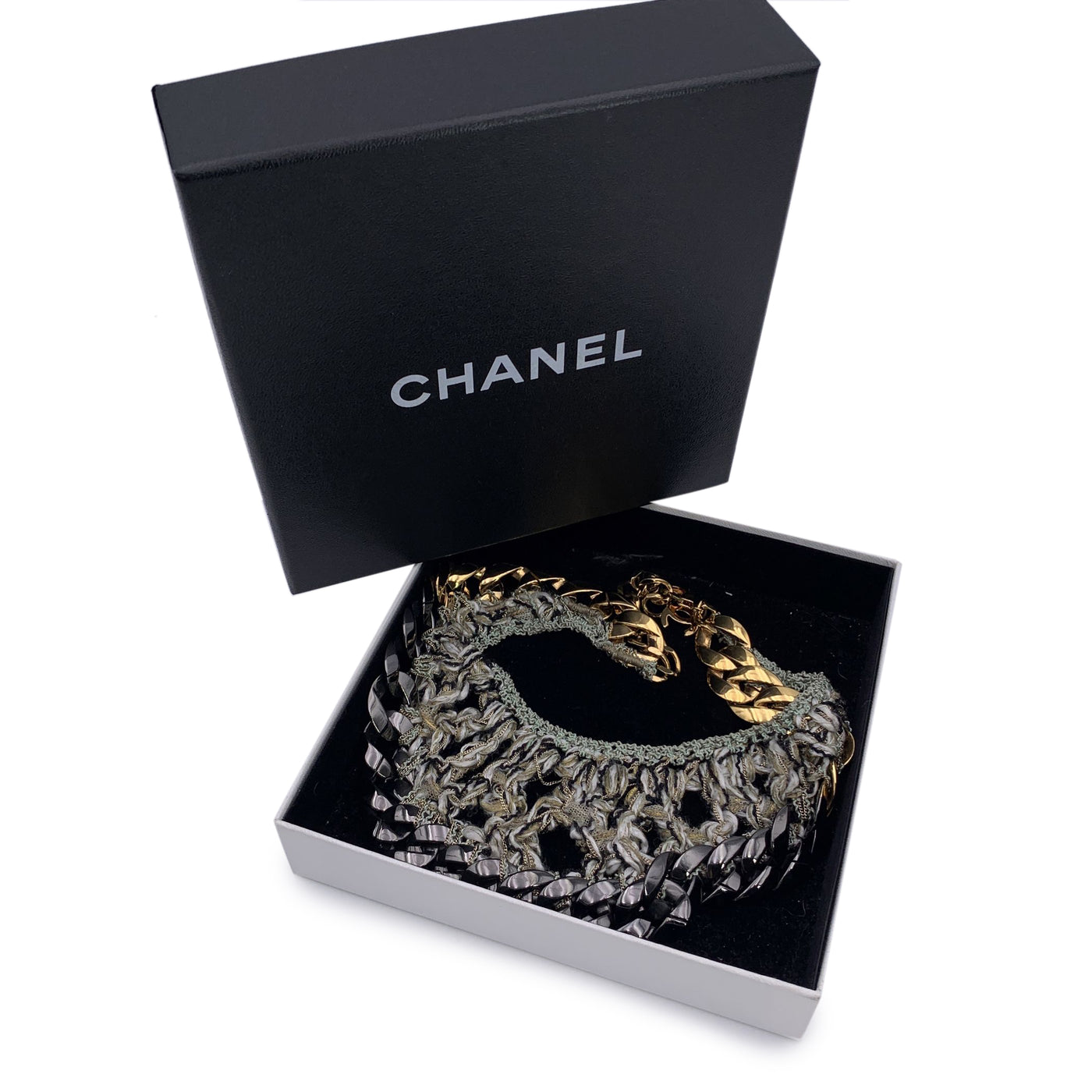 Chanel Gunmetal and Gold Metal Chain GreyTweed Bib Necklace