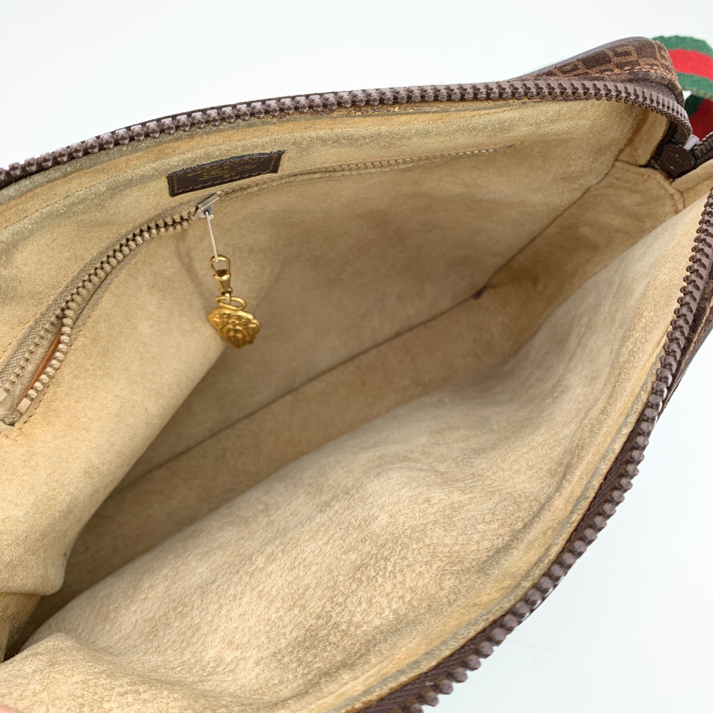 Gucci Vintage Brown Monogram Suede Web Shoulder Bag