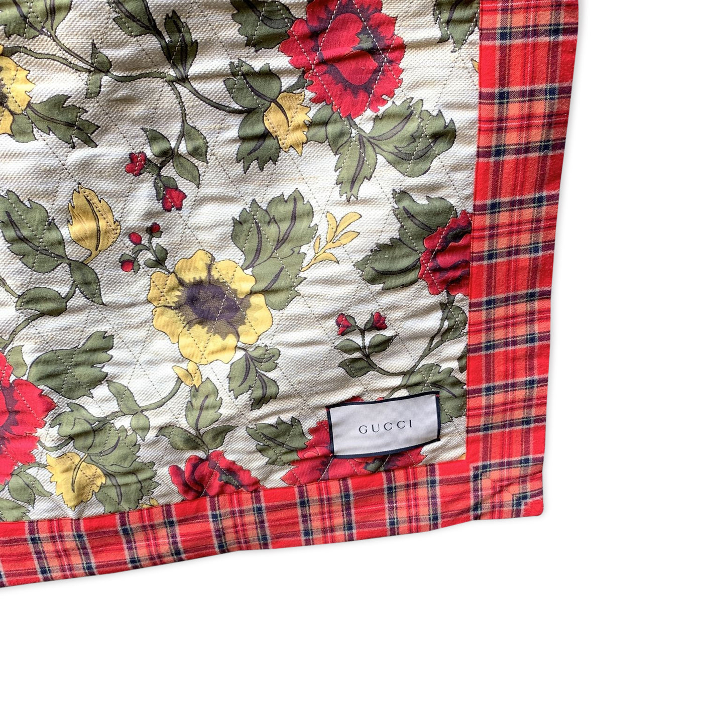 Gucci Home Beige Red Tartan Check and Floral Print Quilted Blanket