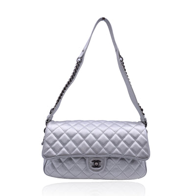 Chanel 2016 Silver Quilted Leather Airline Easy Flap Shoulder Bag