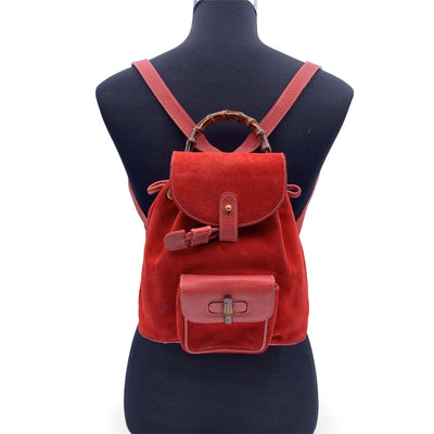 Gucci Vintage Red Suede Bamboo Small Backpack Shoulder Bag