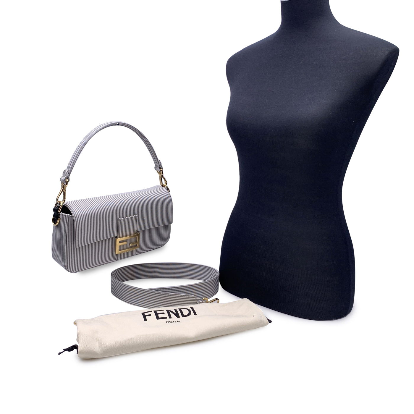 Fendi Light Grey Striped Cotton Bretagna Baguette Shoulder Bag