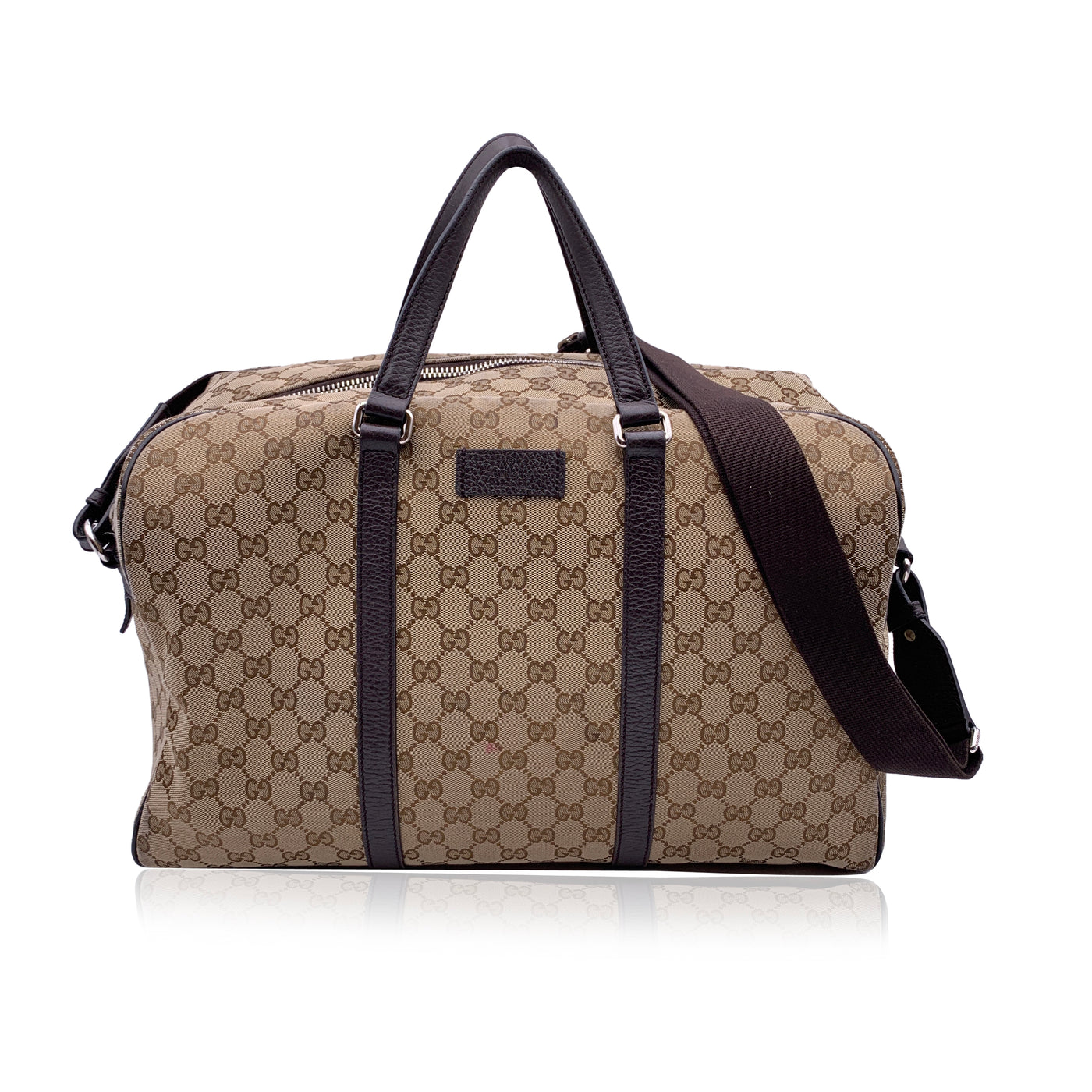 Gucci Beige Monogram Canvas Duffle Weekender Travel Bag with Strap