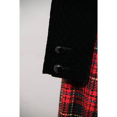 Andrea Odicini Vintage Black Velvet Red Tartan Coat Robe Manteau