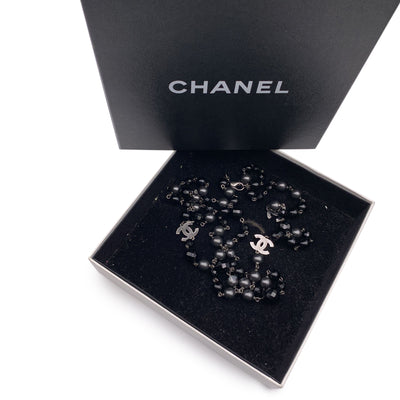 Chanel Gunmetal Long Necklace CC Logo Grey Pearls Black Beads