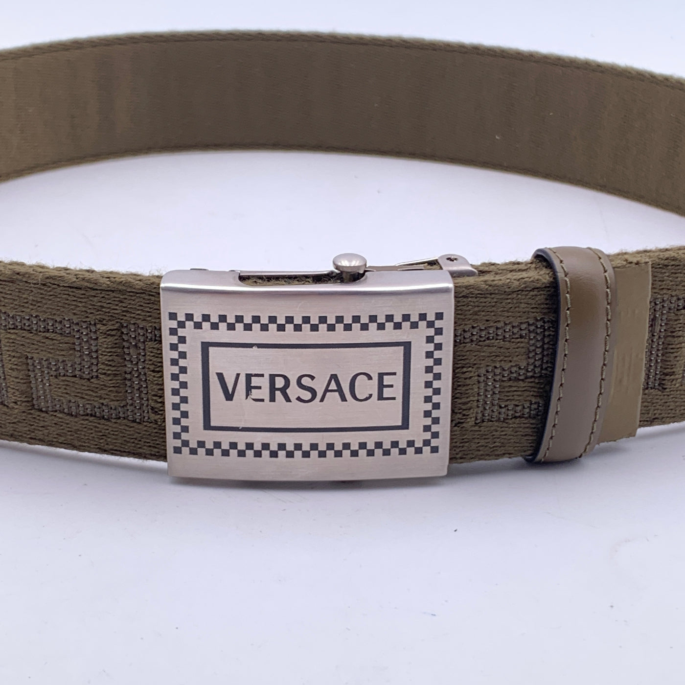 Versace Green Canvas Greek Pattern Unisex Adjustable Belt Size 80/32