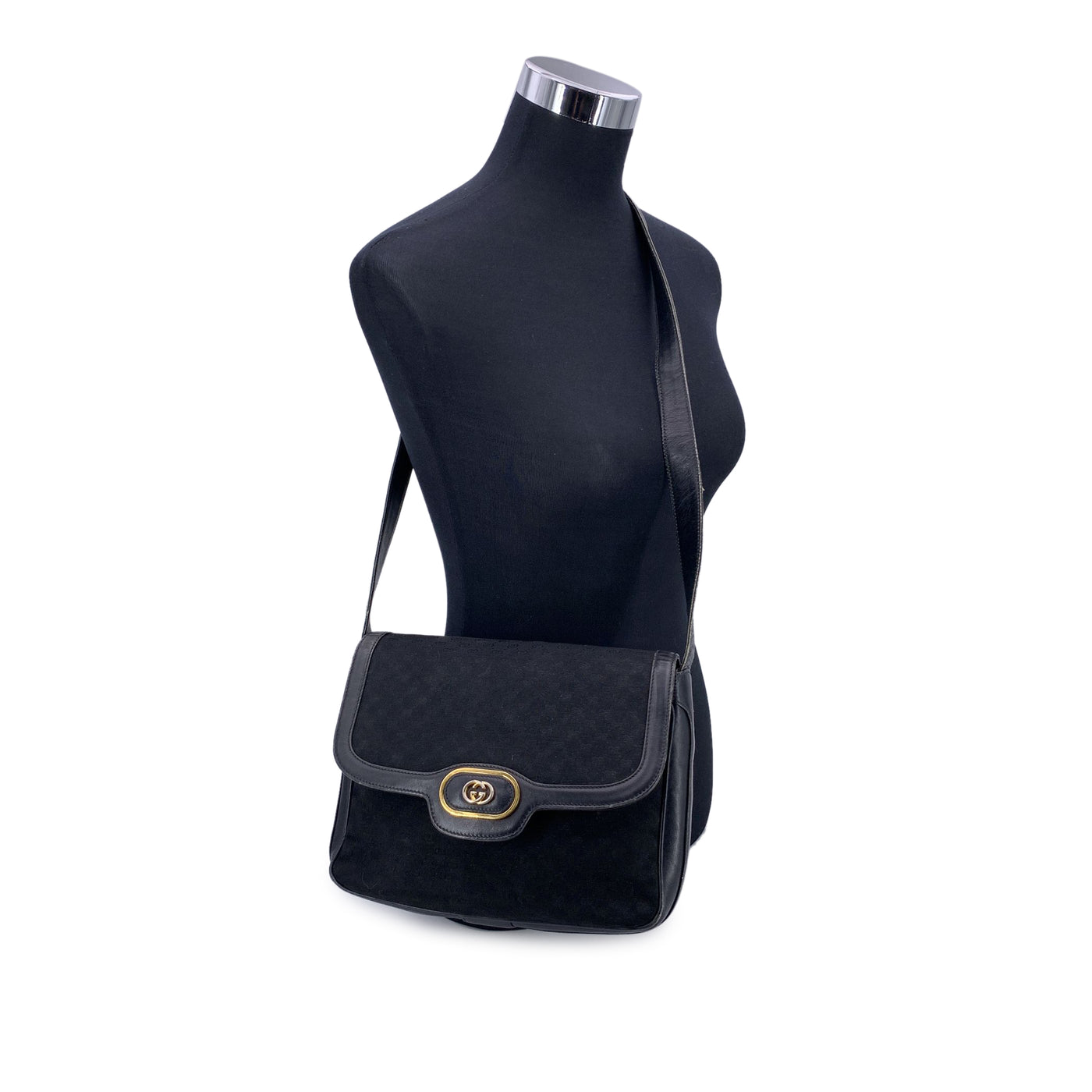 Gucci Vintage Black Monogram Canvas and Leather Shoulder Bag