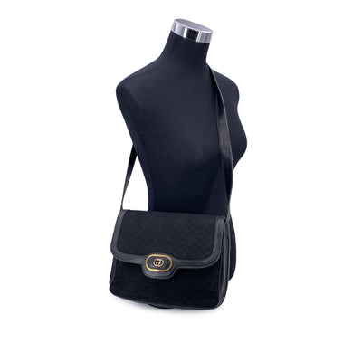 Gucci Vintage Black Monogram Canvas and Leather Shoulder Bag