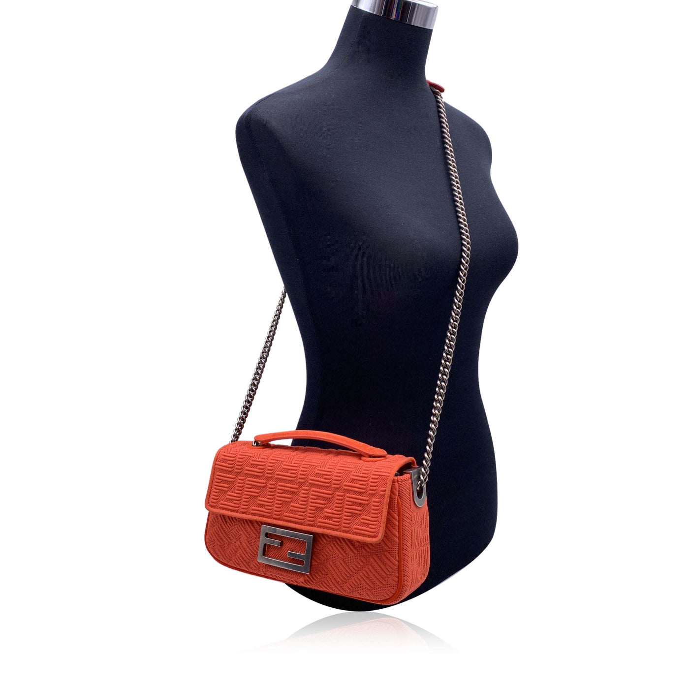 Fendi Orange Embossed FF Logo Baguette Chain Crossbody Bag