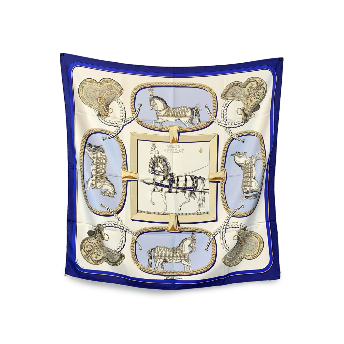 Hermes Vintage Blue Silk Grand Apparat Scarf 1962 Jacques Eudel