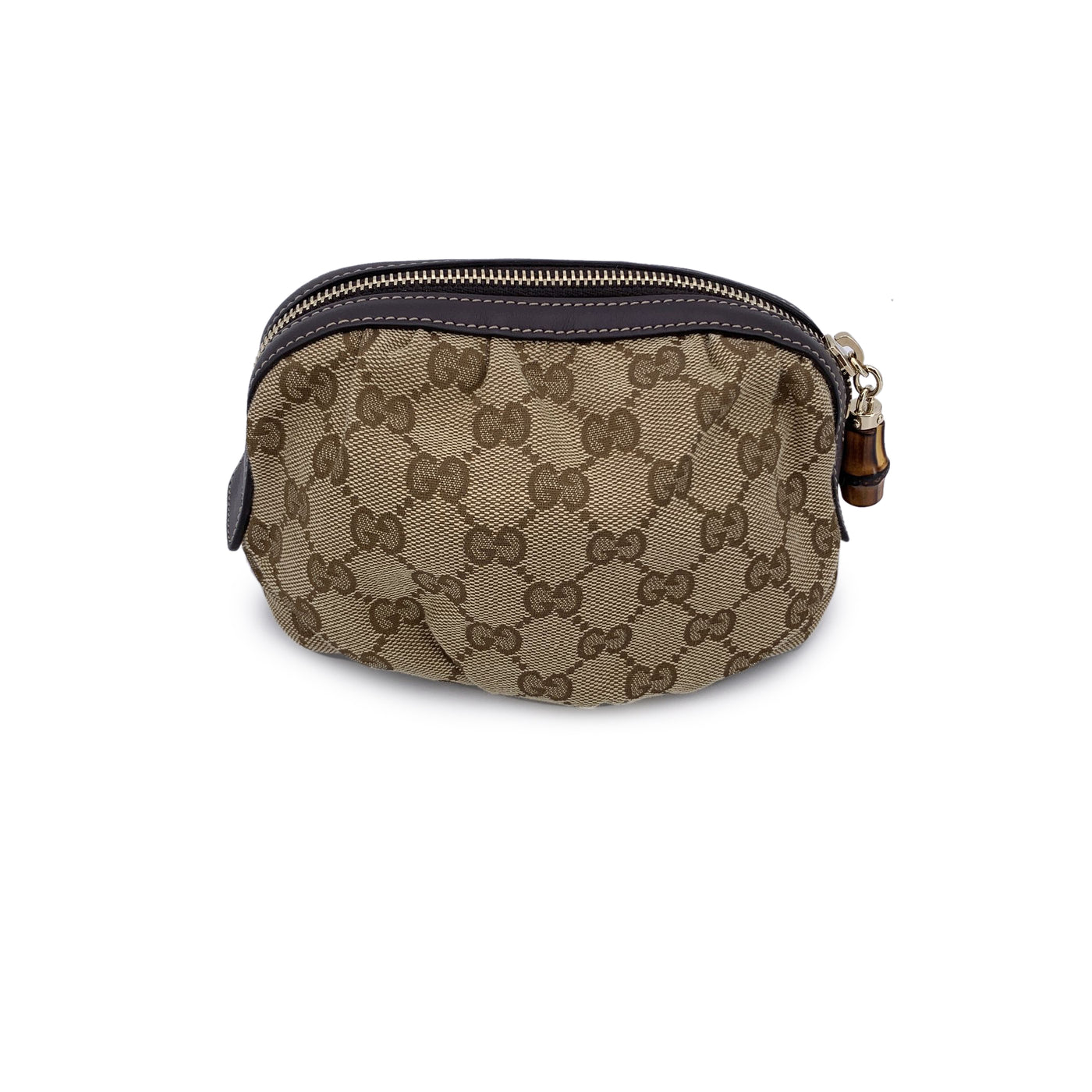 Gucci Beige Monogram Canvas Bamboo Small Cosmetic Zip Pouch