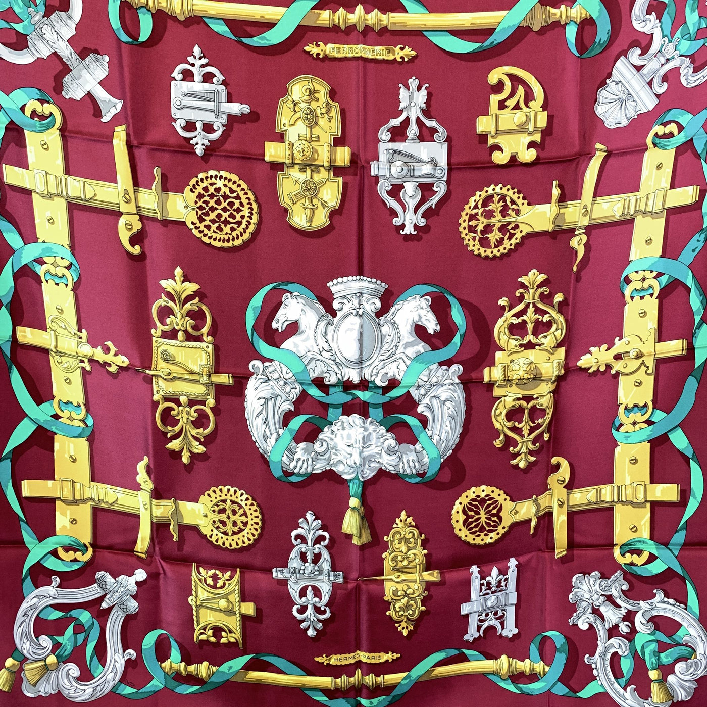 Hermes Paris Vintage Burgundy Silk Scarf Ferronnerie 1970 Cathy Latham