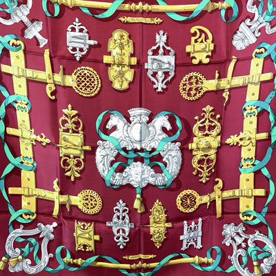 Hermes Paris Vintage Burgundy Silk Scarf Ferronnerie 1970 Cathy Latham