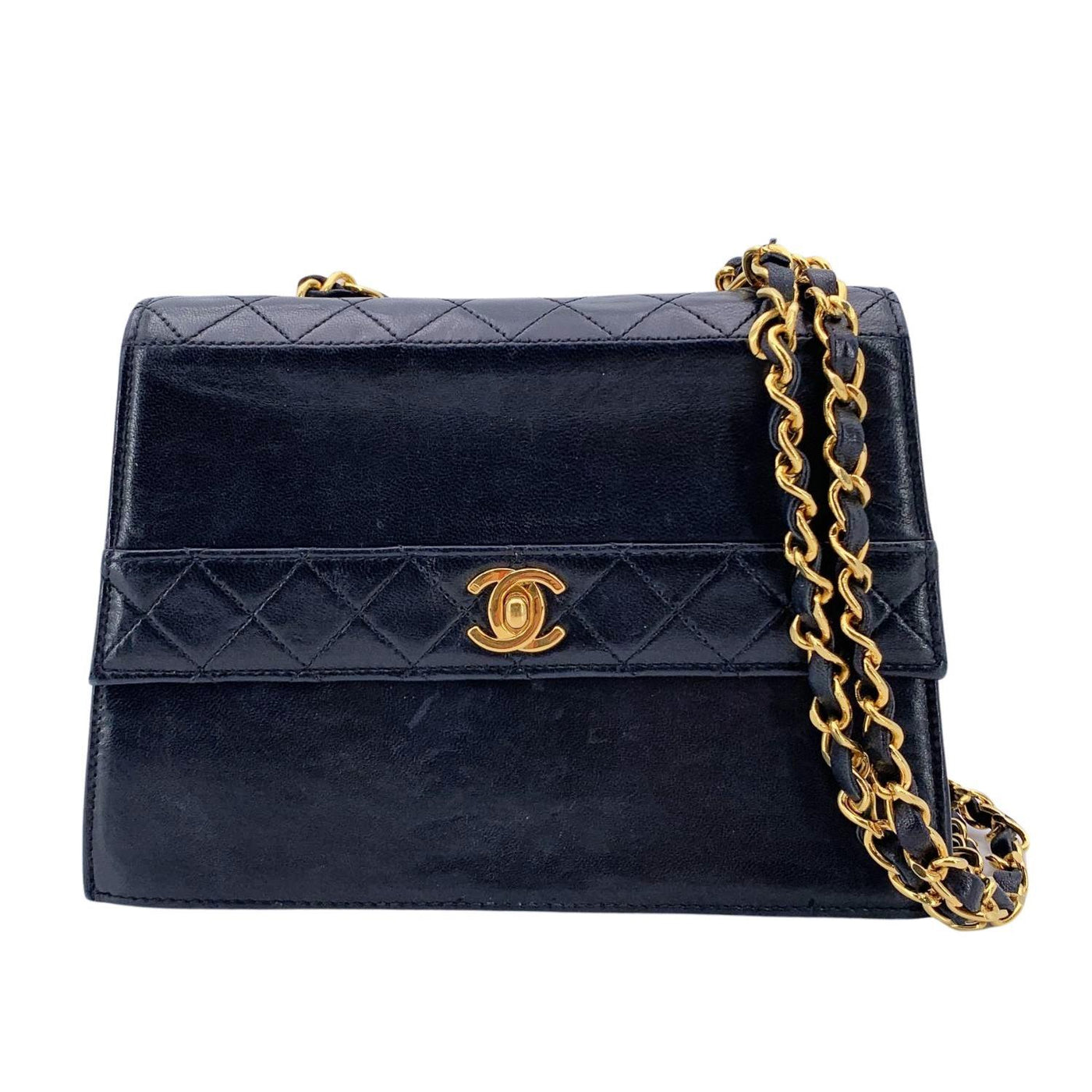 Chanel Vintage Black Quilted Trim Leather Trapeze Crossbody Bag