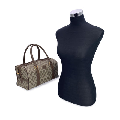 Gucci Vintage Beige Monogram Canvas Leather GG Logo Boston Bag