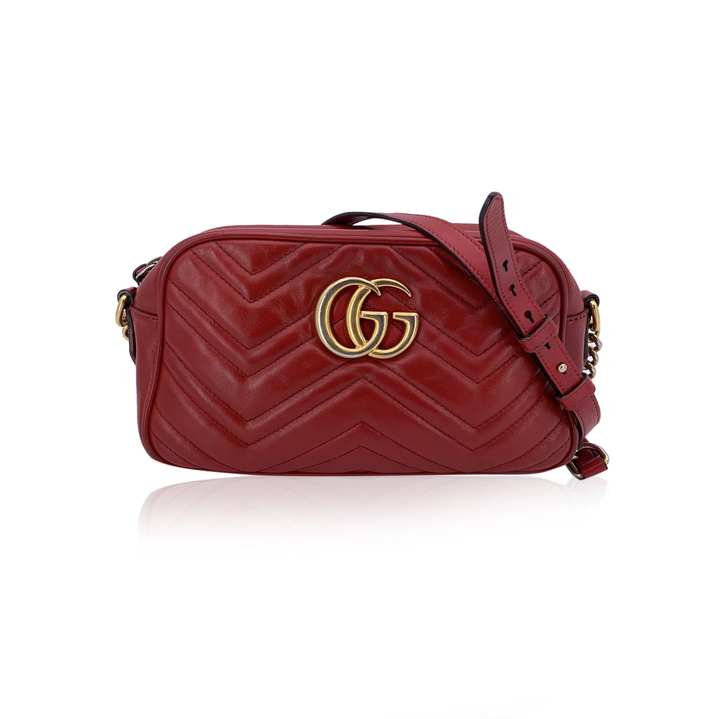 Gucci Red Leather Small GG Marmont Matelassè Camera Shoulder Bag