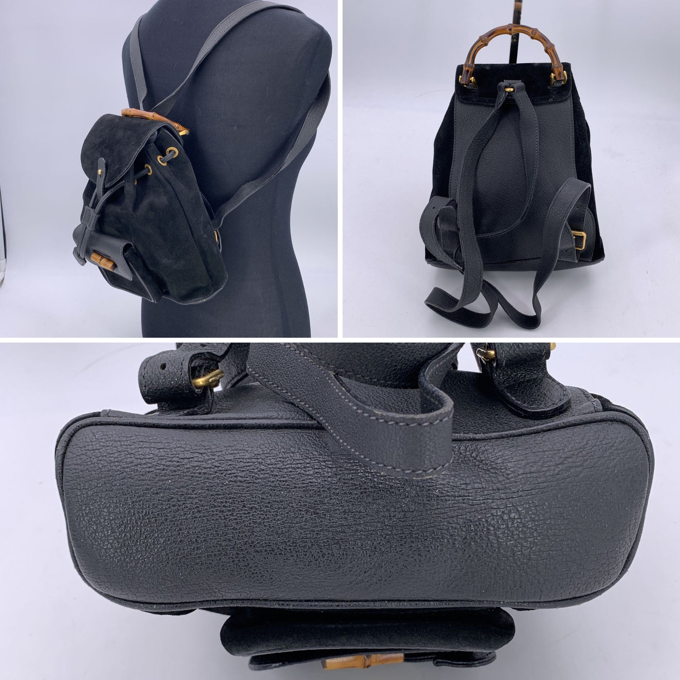 Gucci Vintage Black Suede Small Bamboo Backpack Shoulder Bag