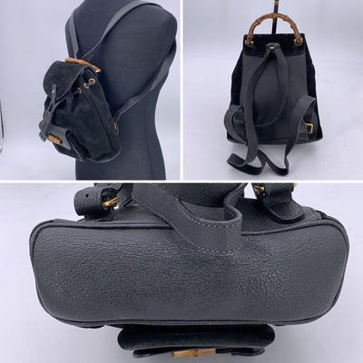 Gucci Vintage Black Suede Small Bamboo Backpack Shoulder Bag