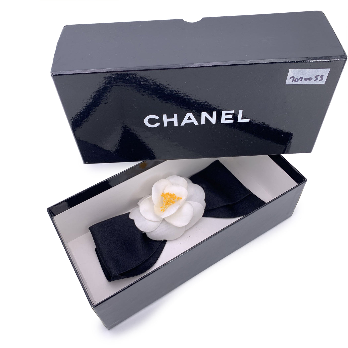 Chanel Vintage White Silk Black Satin Bow Camellia Camelia Brooch