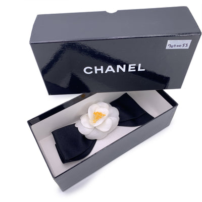 Chanel Vintage White Silk Black Satin Bow Camellia Camelia Brooch