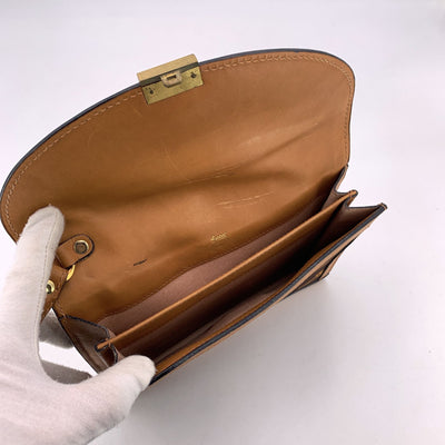 Gucci Vintage Brown Logo Canvas GG Tan Leather Wrist Bag