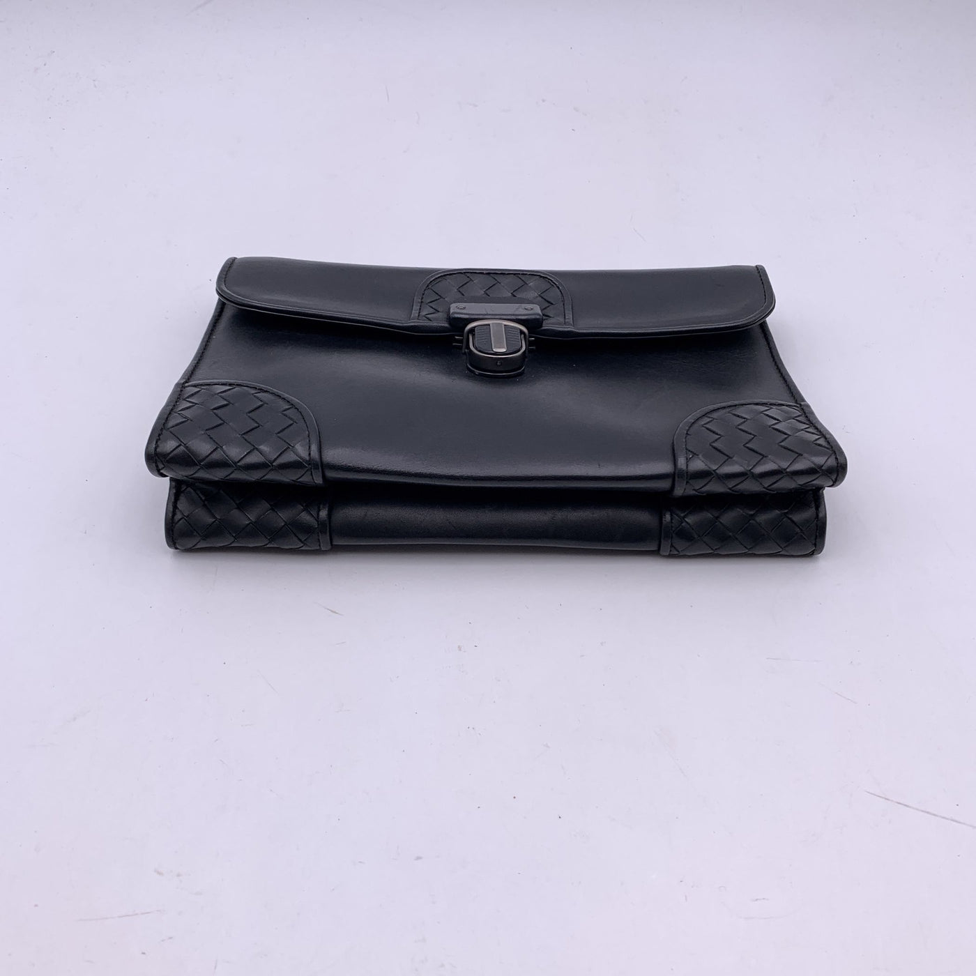 Bottega Veneta Black Intrecciato Leather Slide Lock Clutch Wrist Bag