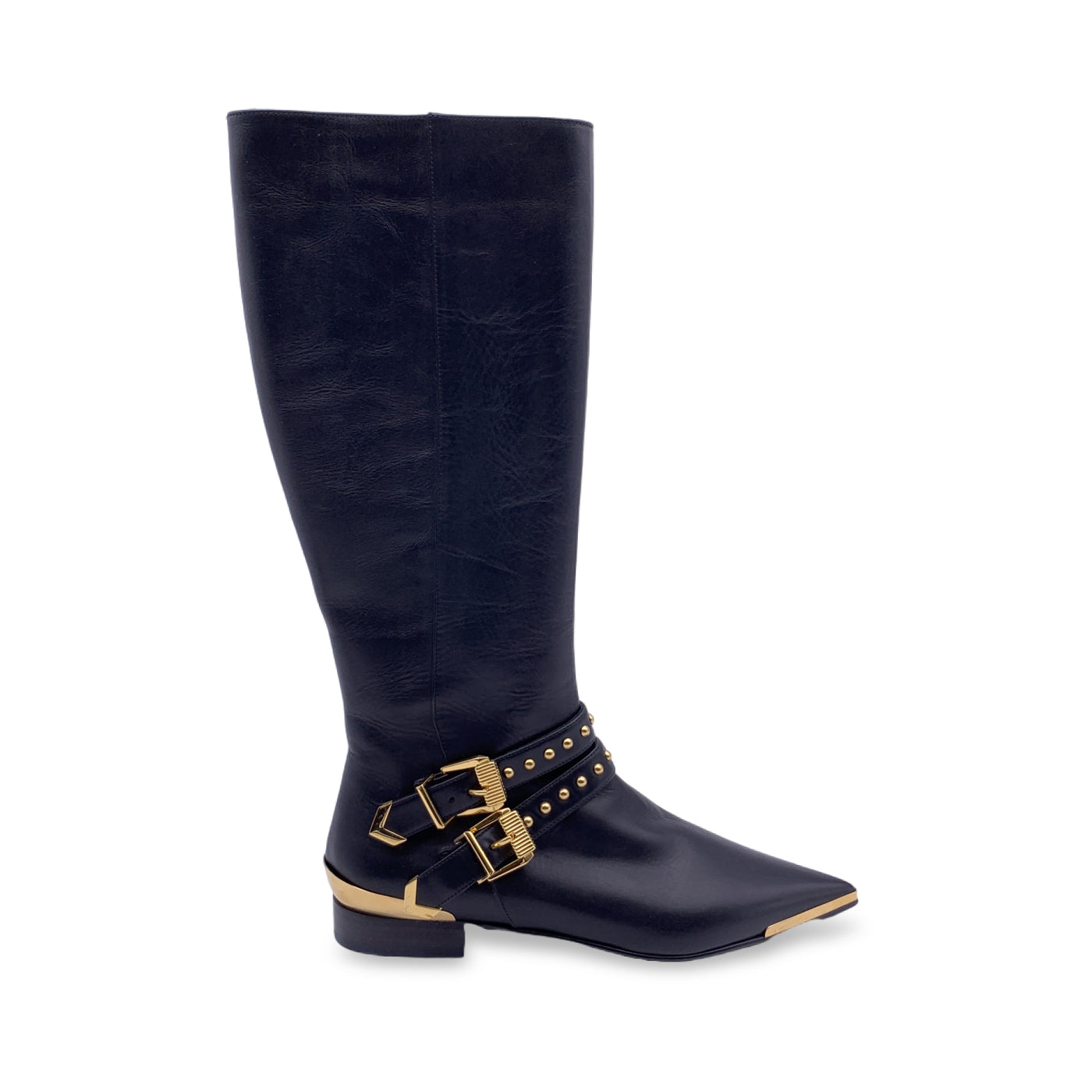 Versace Black Leather Riding Boots with Gold Metal Buckles Size 36