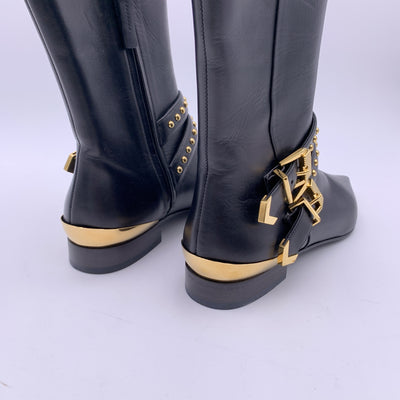 Versace Black Leather Riding Boots with Gold Metal Buckles Size 36