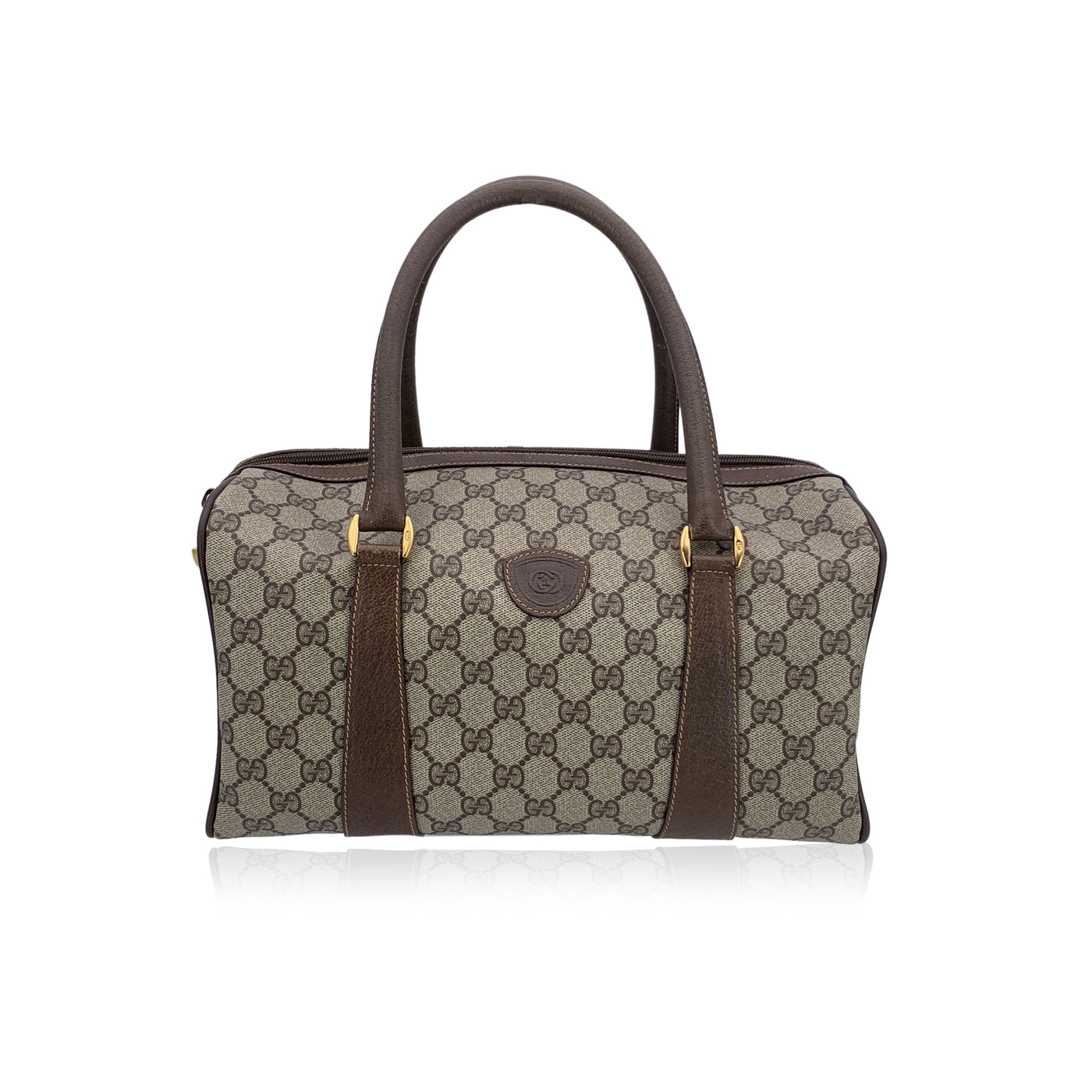 Gucci Vintage Beige Monogram Canvas Leather GG Logo Boston Bag