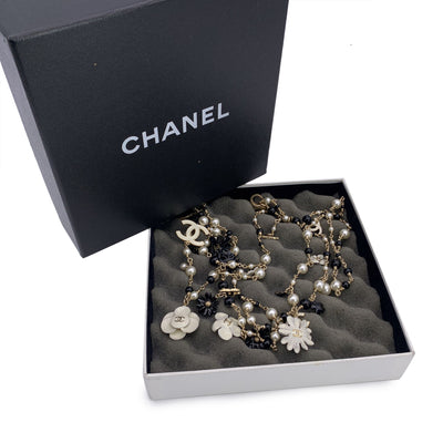 Chanel Camelia Flowers and CC Logos Long Multi Strand Necklace