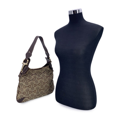 Gucci Beige and Brown Canvas Horsebit Print Hobo Shoulder Bag