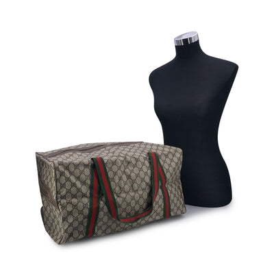 Gucci Vintage Beige Monogram Canvas Web Duffle Travel Bag