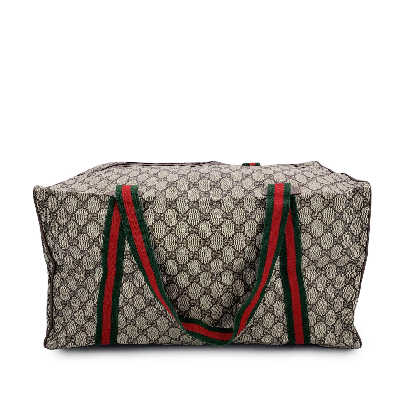 Gucci Vintage Beige Monogram Canvas Web Duffle Travel Bag