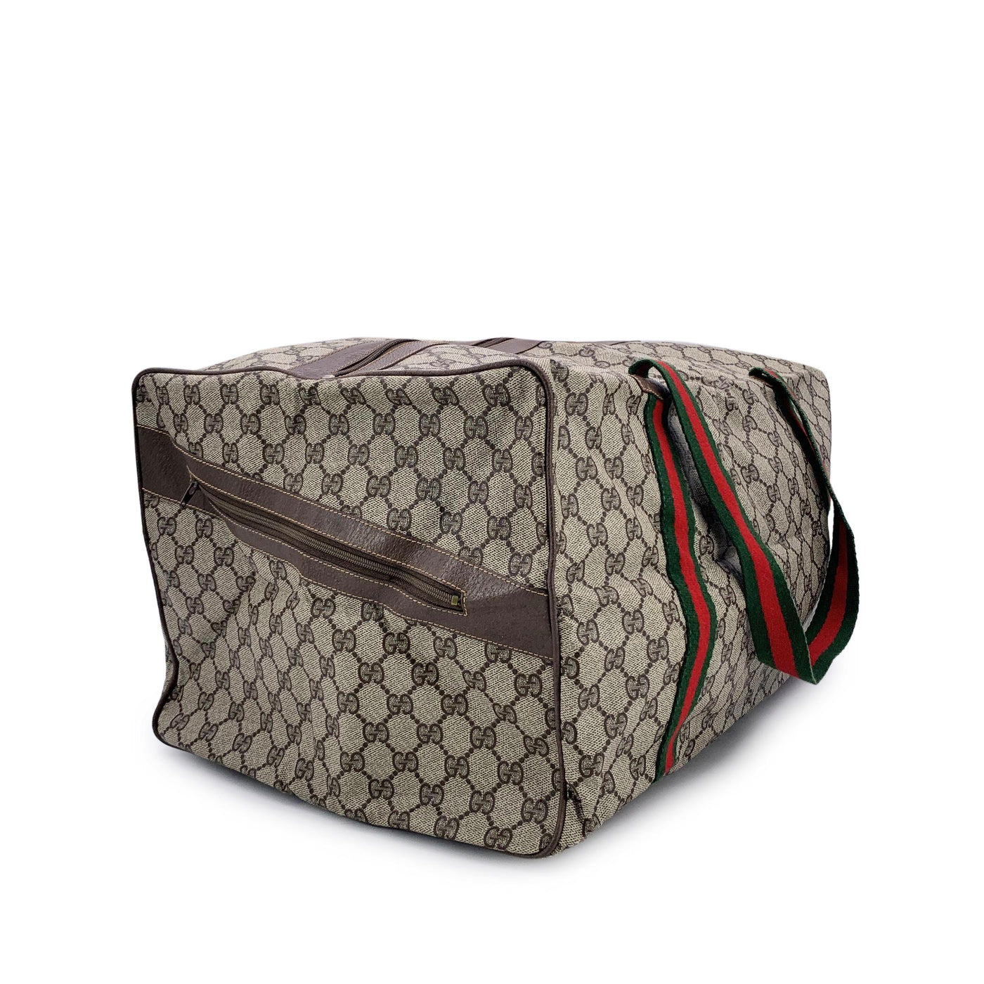 Gucci Vintage Beige Monogram Canvas Web Duffle Travel Bag