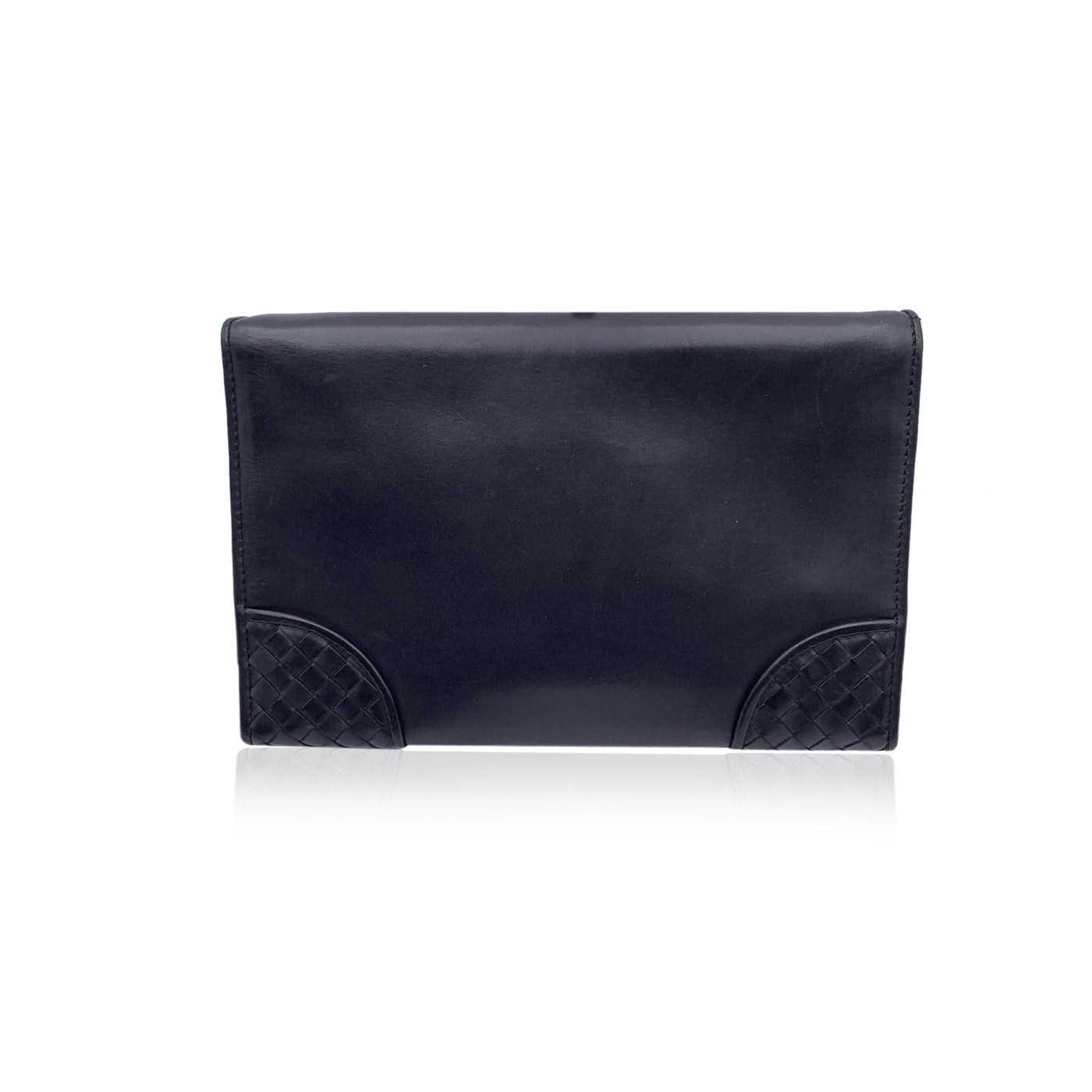 Bottega Veneta Black Leather Intrecciato Slide Lock Clutch Wrist Bag