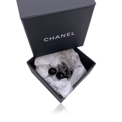 Chanel Silver Metal CC Logo Black Faceted Beads Drop Clip On Earrings