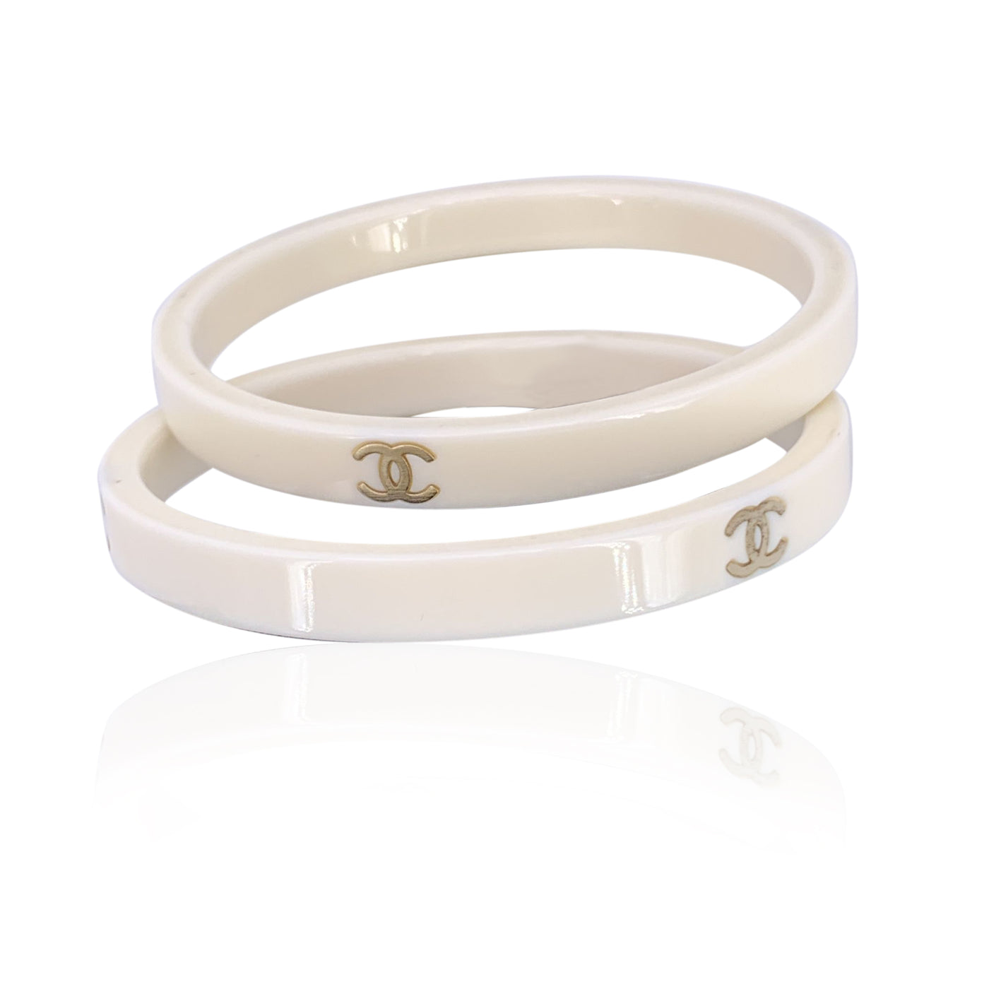 Chanel Vintage Set of 2 White Resin CC Logo Cuff Bangle Bracelet