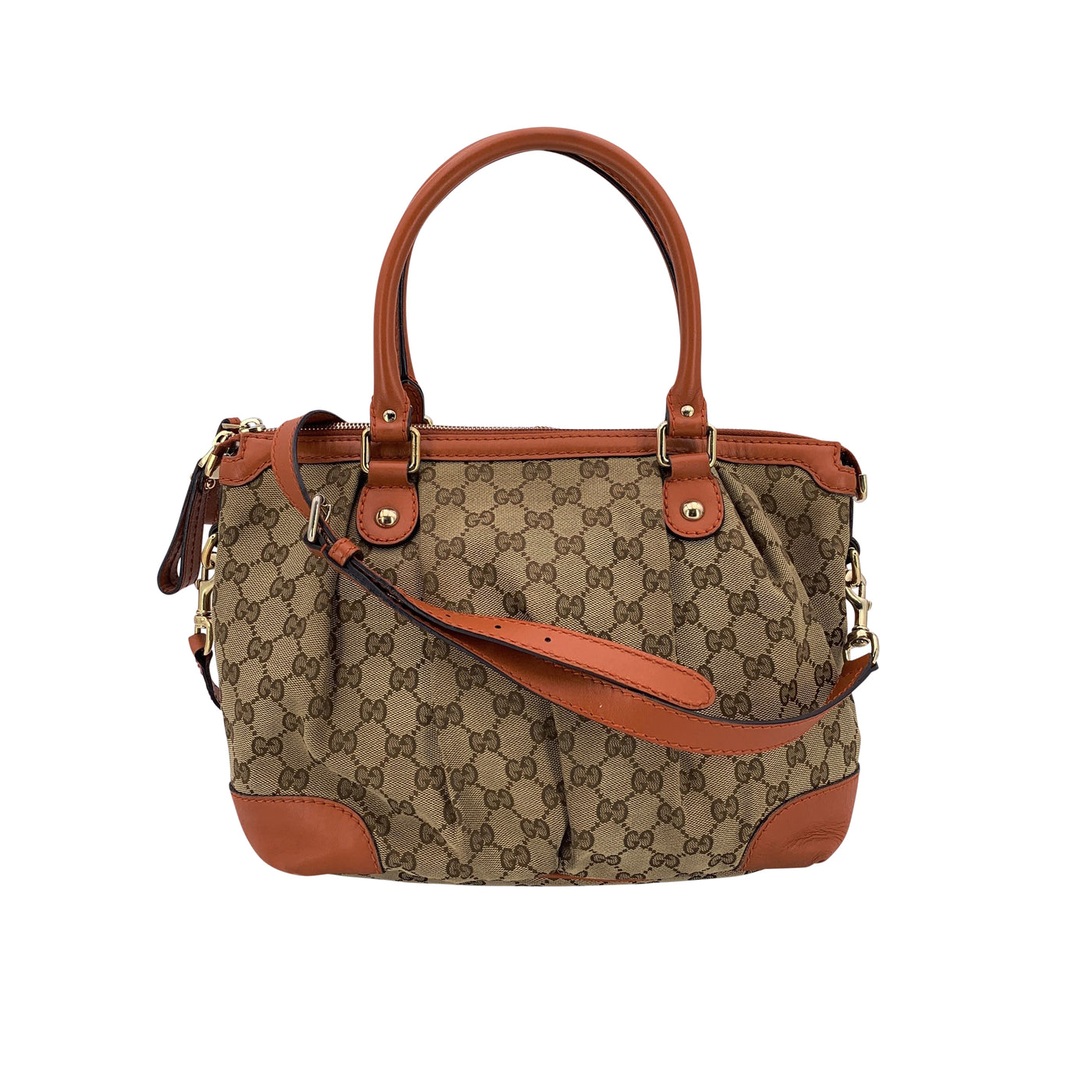 Gucci Beige Monogram Orange Leather Sukey Medium Tote Bag