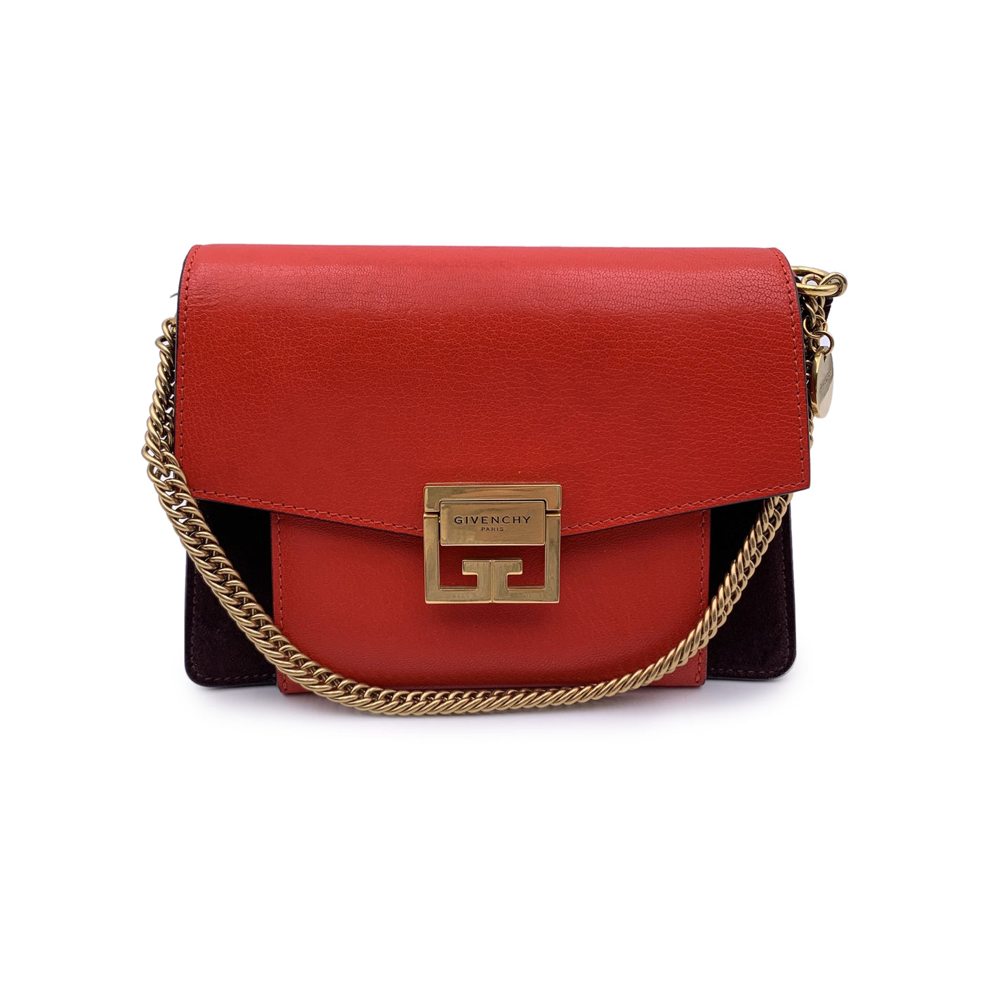 Givenchy Red Leather Brown Suede GV3 Small Flap Shoulder Bag