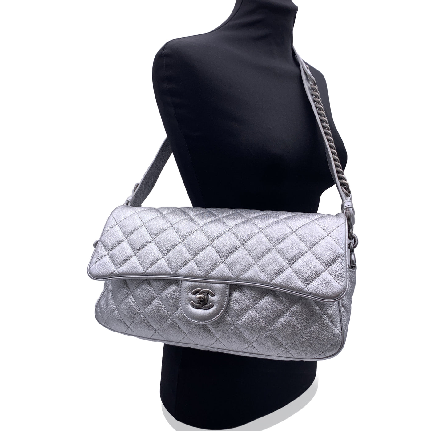 Chanel 2016 Silver Quilted Leather Airline Easy Flap Shoulder Bag