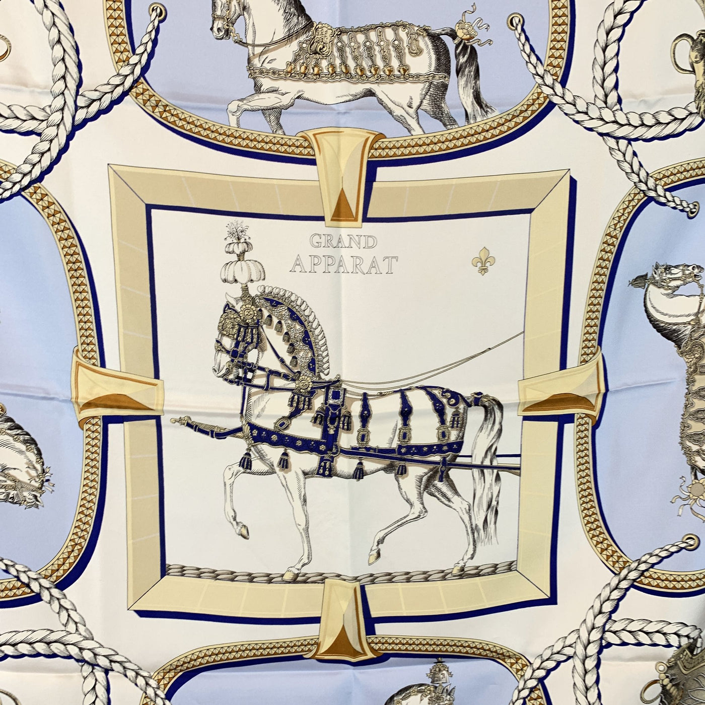 Hermes Vintage Blue Silk Grand Apparat Scarf 1962 Jacques Eudel